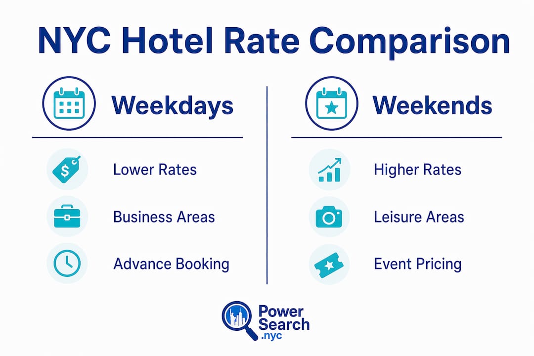Infographic comparing NYC weekday and weekend hotel rates