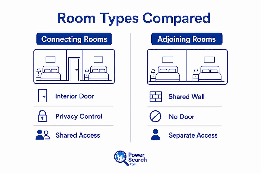 Infographic comparing connecting and adjoining hotel rooms