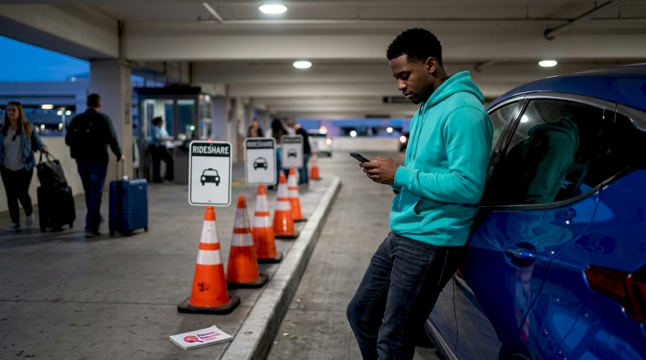 Airport rideshare pickup area in parking garage