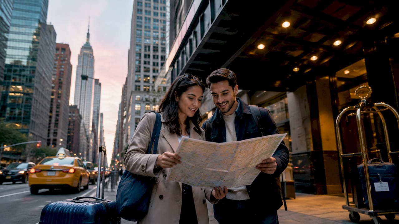 Midtown Manhattan street with tourists and hotels