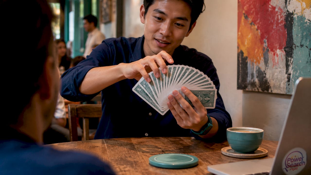 Close-up of magician performing card magic trick