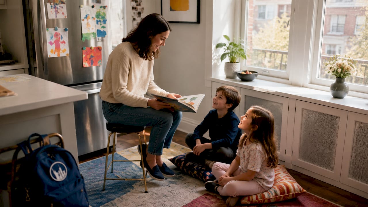 Parent reading to children inside NYC apartment