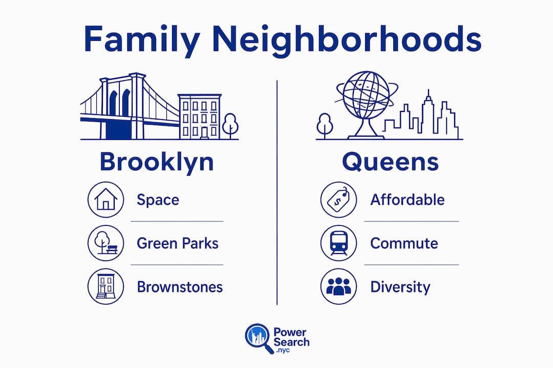 Infographic comparing Brooklyn and Queens for families