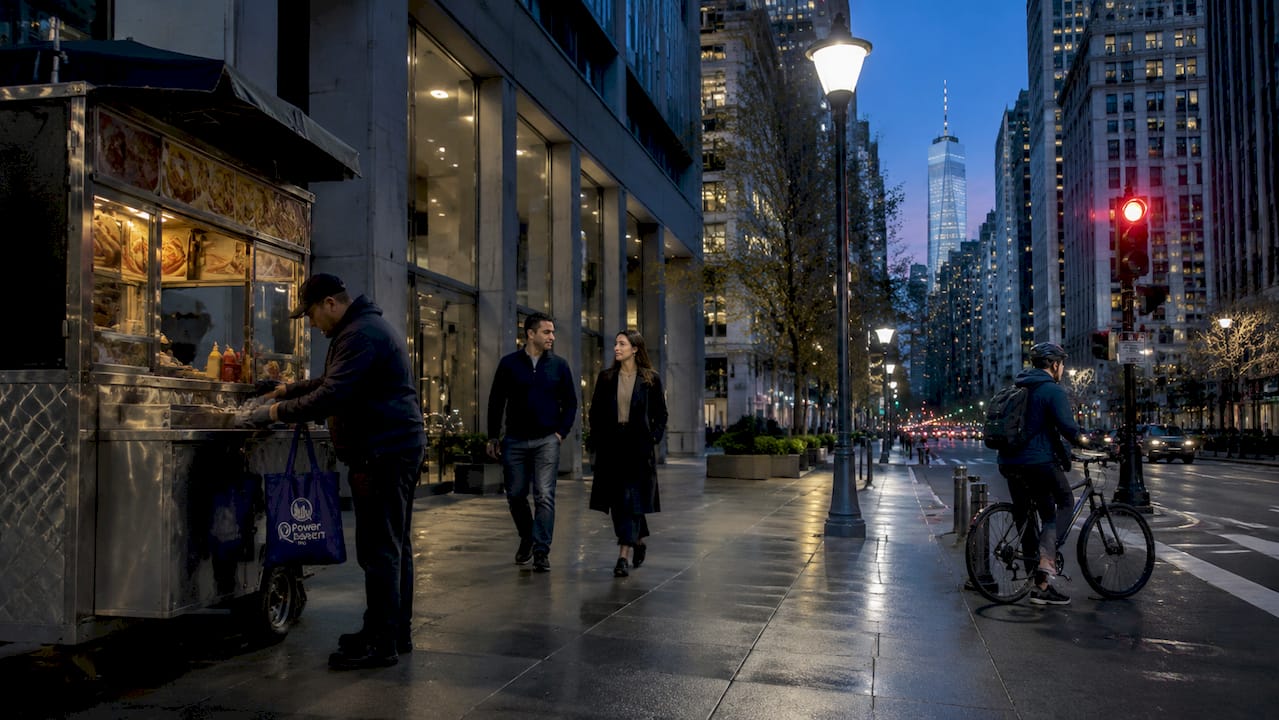 Quiet Financial District street at twilight