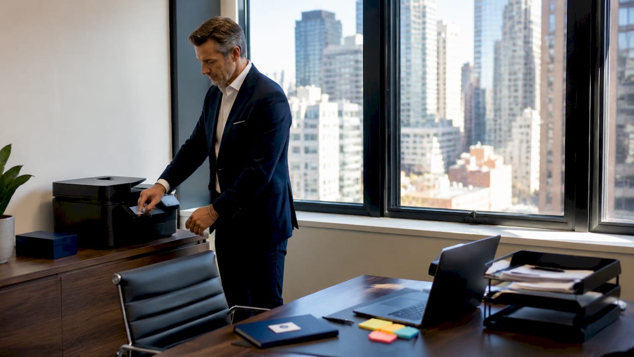 Executive using tech amenities in NYC suite