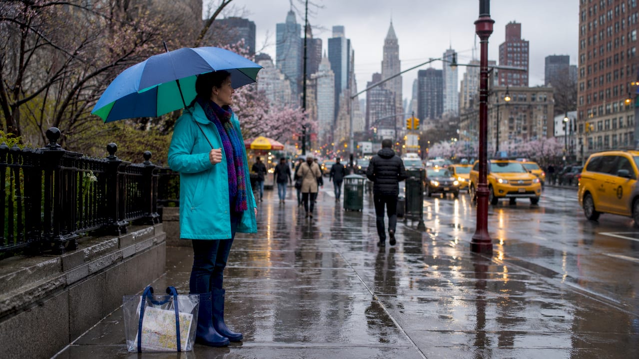 Hands holding folded umbrella on rainy NYC street