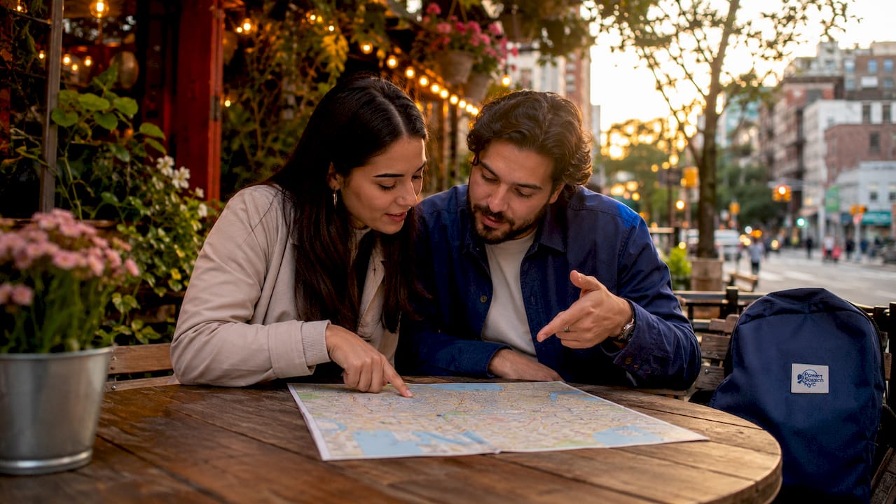 Couple planning stay with NYC neighborhood map in hotel lobby