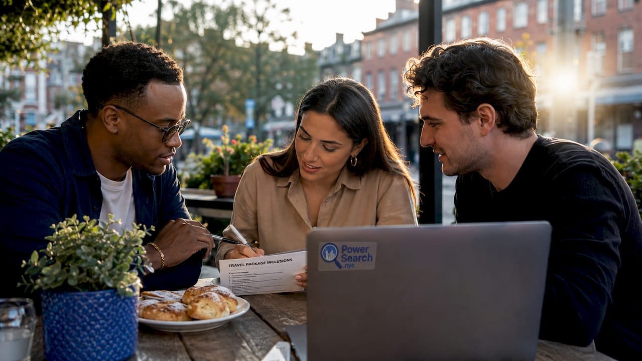 Group reviewing NYC travel package inclusions list