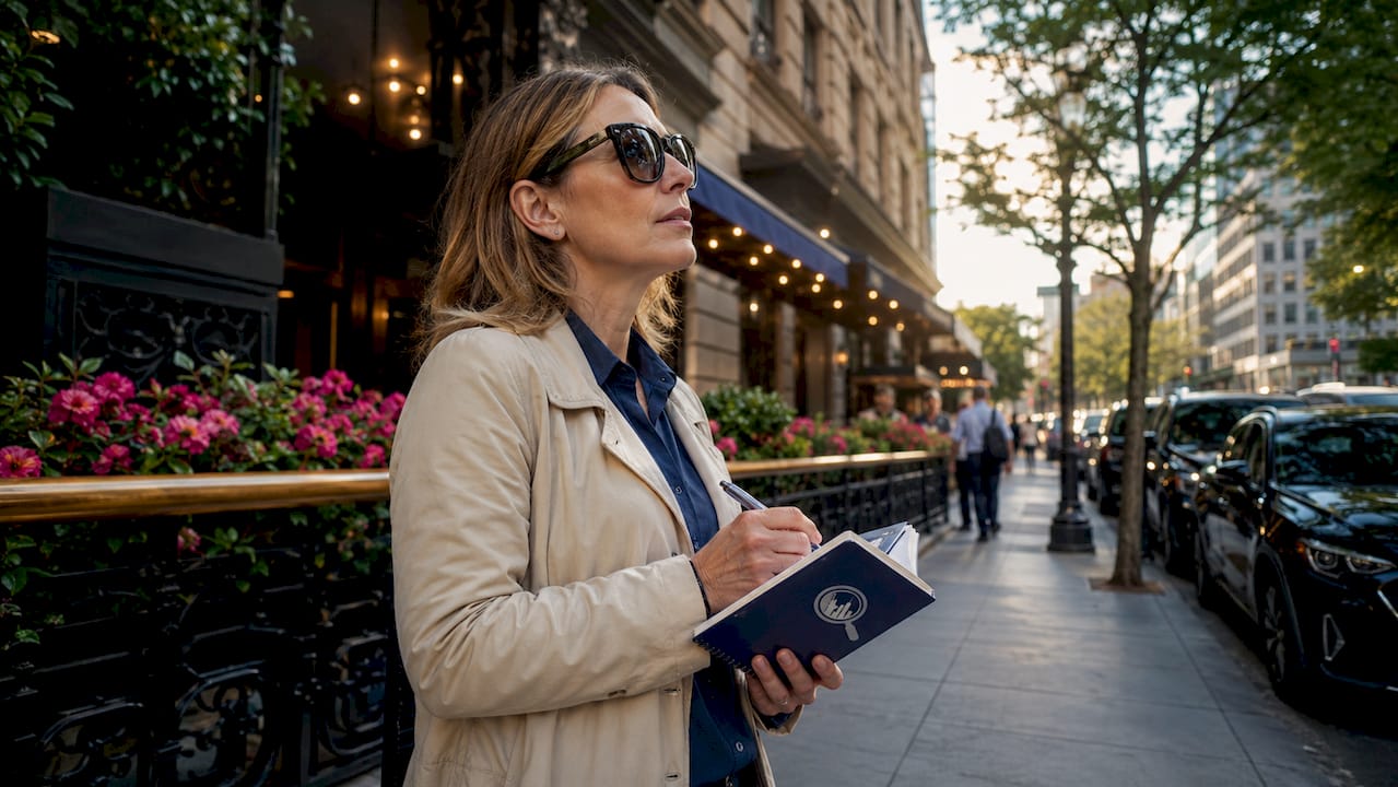 Planner taking notes outside NYC hotel on street