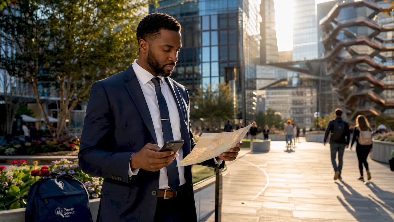 Man checking directions near Hudson Yards and Javits Center