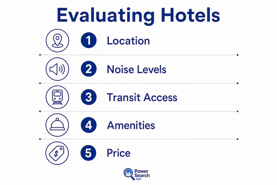 Infographic outlining hotel evaluation criteria for convention trips