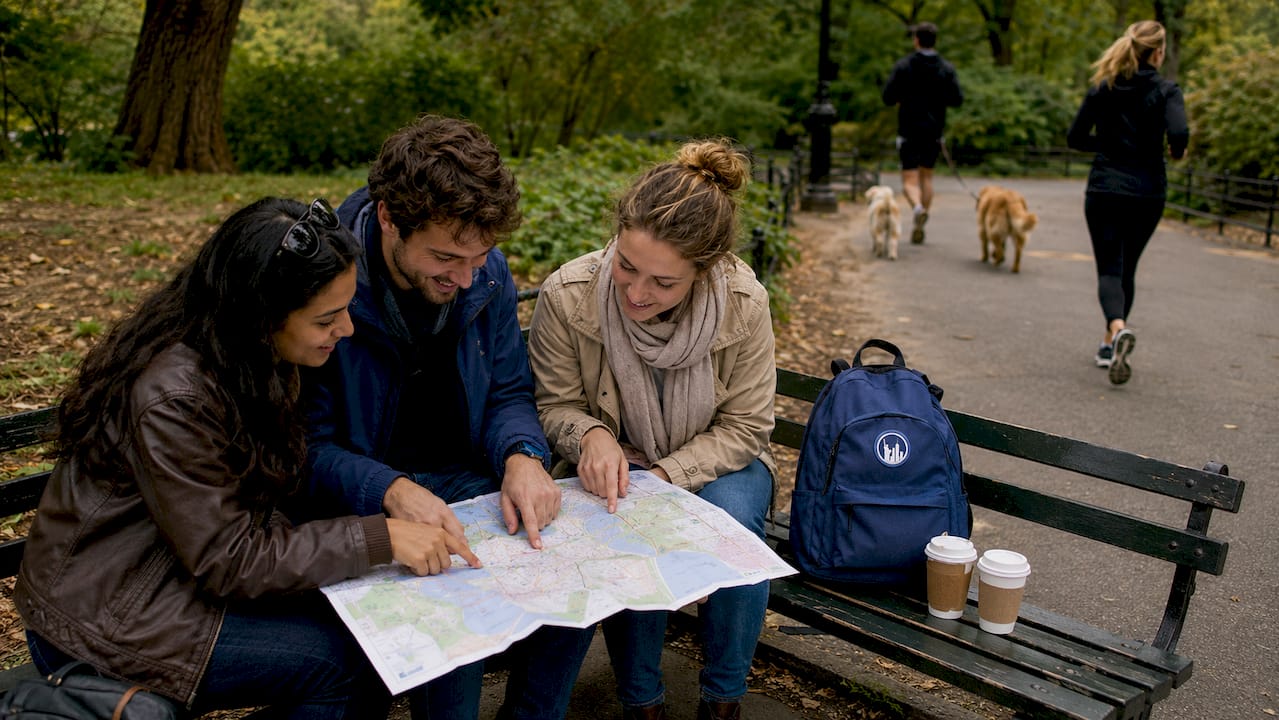 Tourists planning NYC landmarks itinerary at café