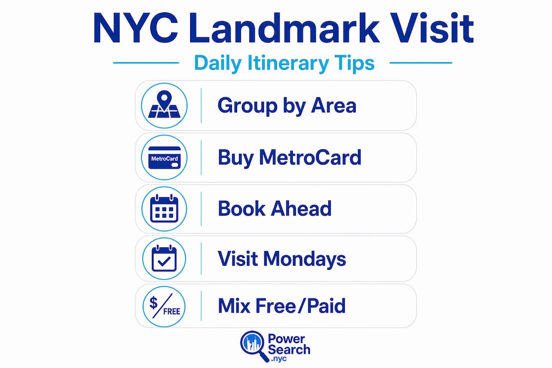 Infographic showing stepwise NYC landmark visit tips