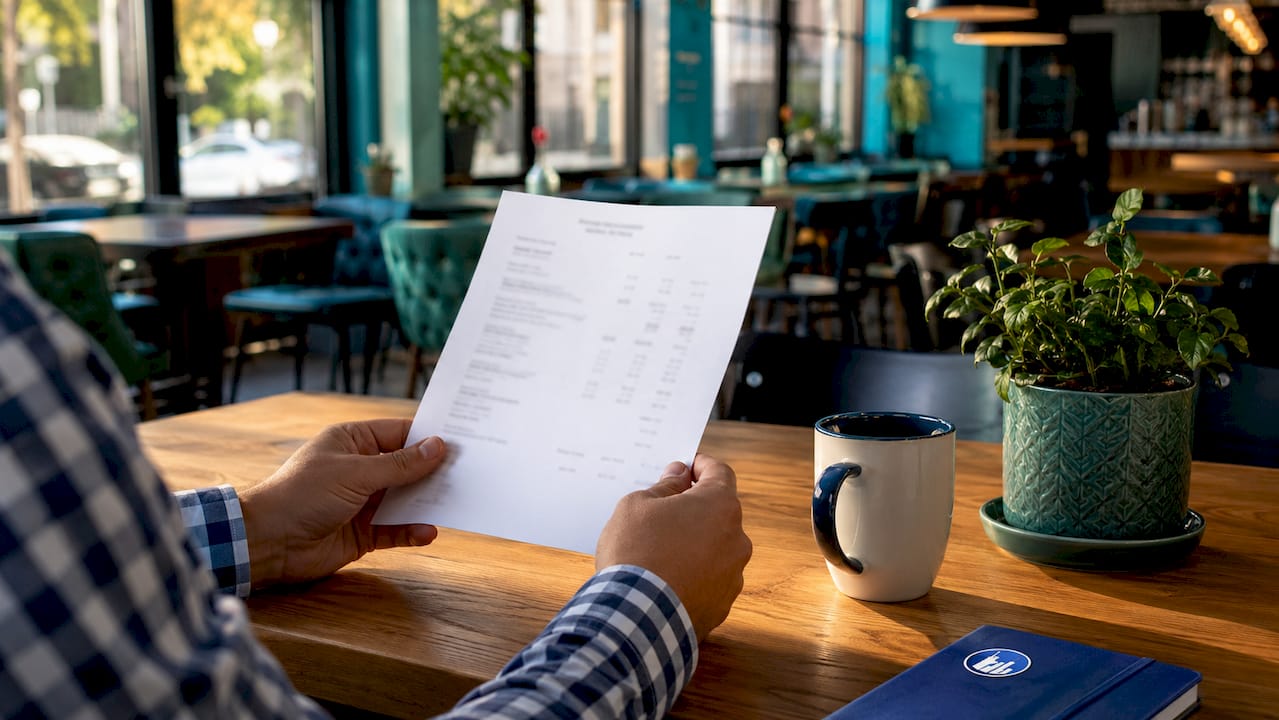 Hands holding itemized hotel folio on office desk