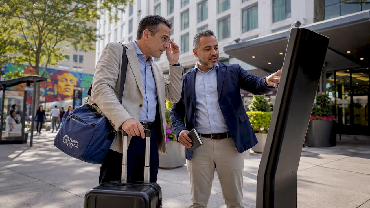 Business travelers compare hotel prices near kiosk