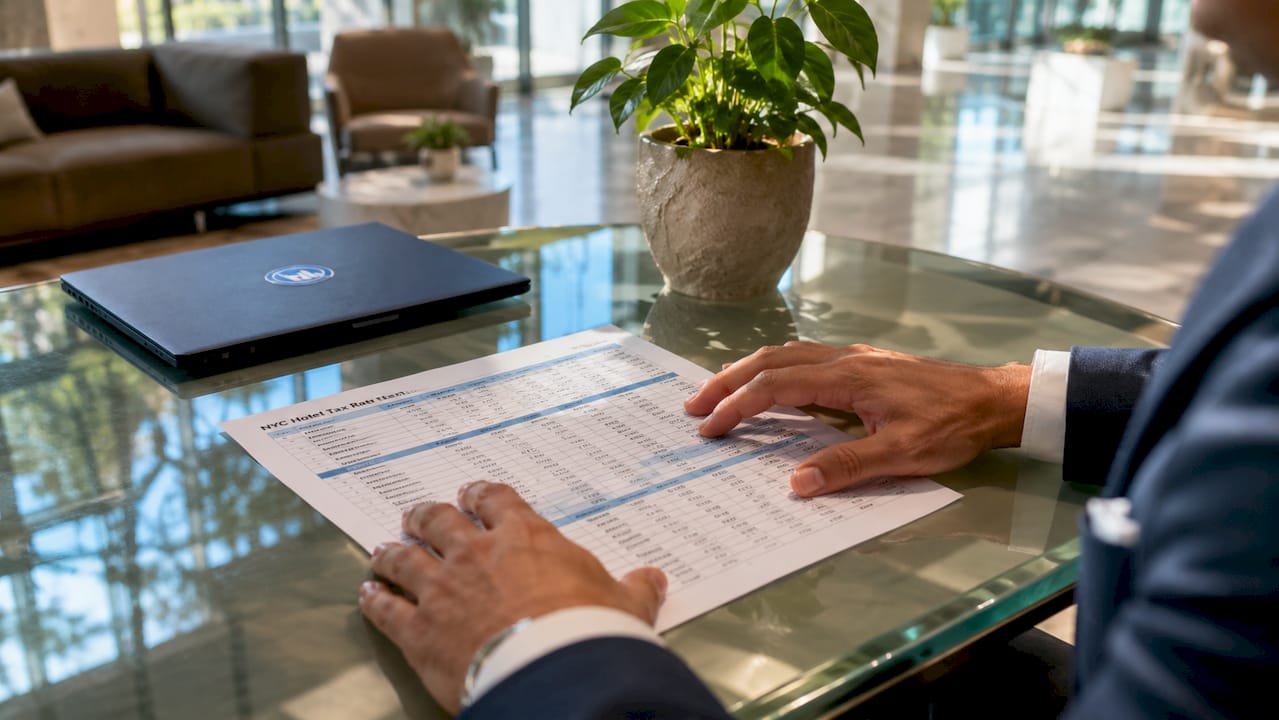 Hands pointing at NYC hotel tax breakdown sheet