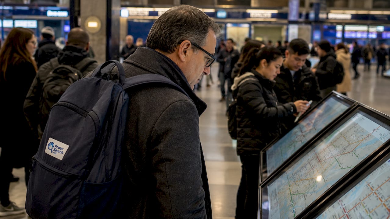 Commuters navigating subway maps inside Grand Central Terminal