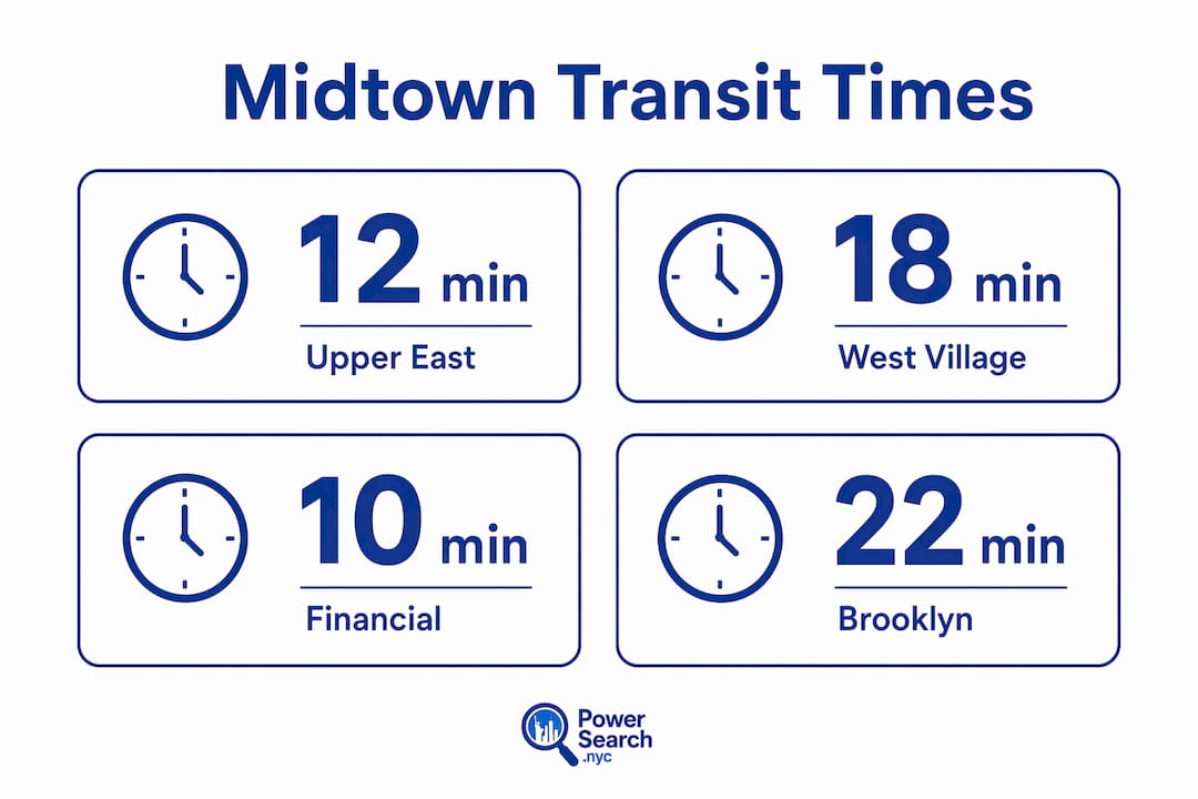 Infographic displaying Midtown subway transit times to key destinations