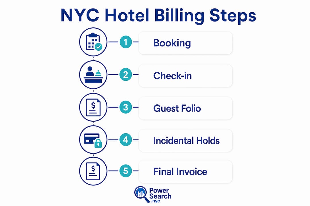 Infographic illustrating NYC hotel billing steps
