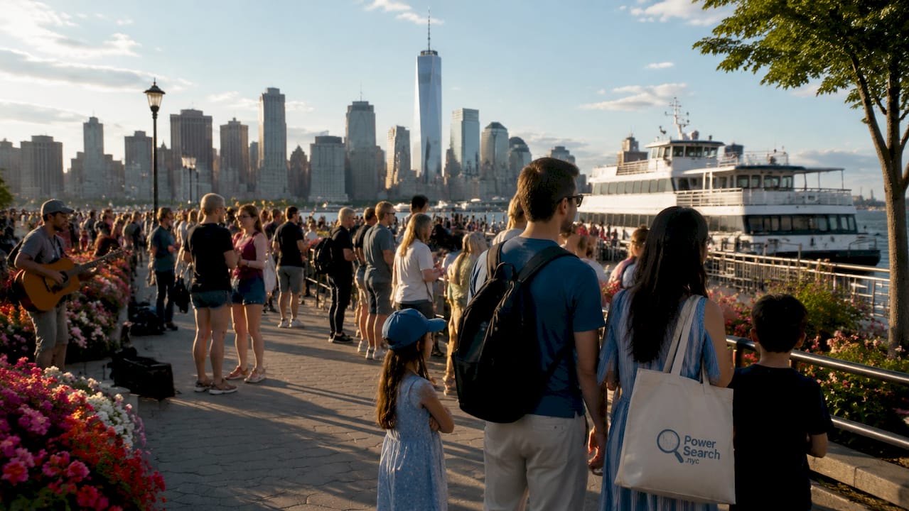 Tourists queuing for Statue of Liberty ferry