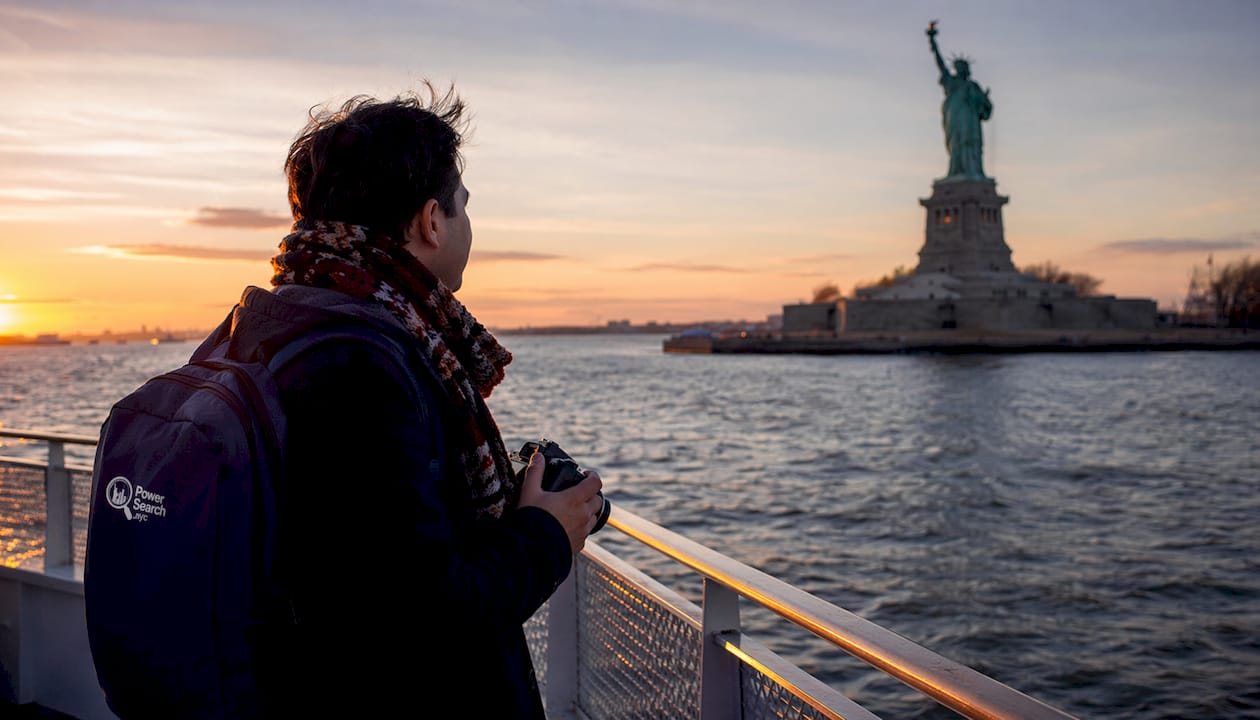 Traveler on Statue of Liberty ferry deck