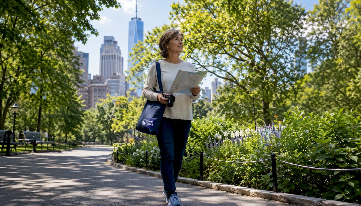 Tourist walking historic Lower Manhattan street