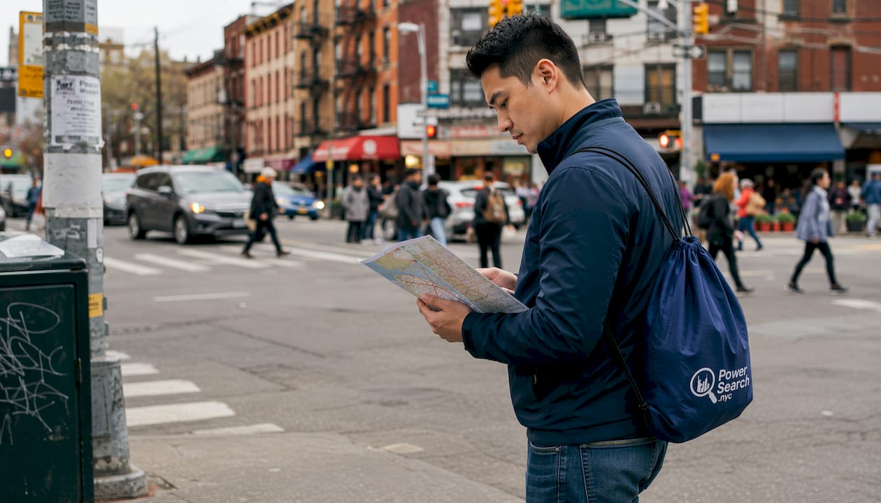 Man checking subway maps blending in NYC crowd