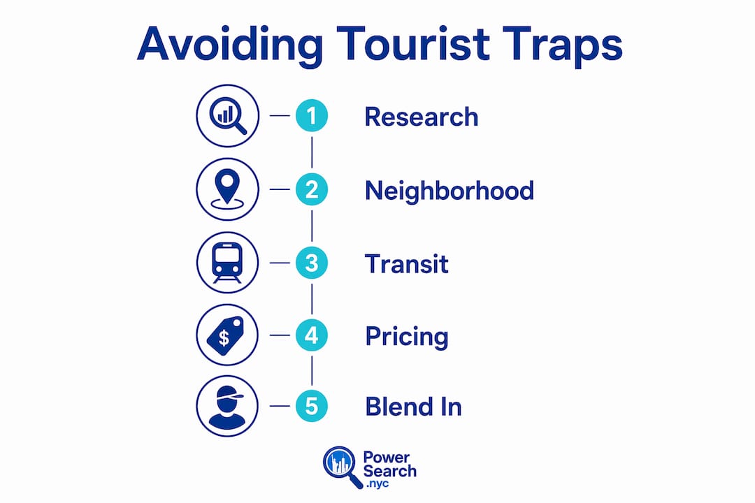Infographic with steps to avoid tourist traps in NYC hotels