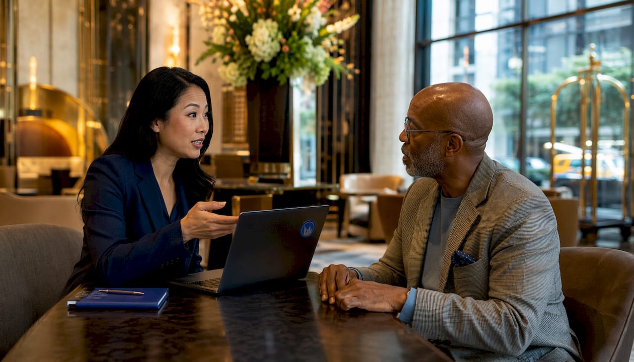 Hotel staff reviewing commission platform in NYC lobby