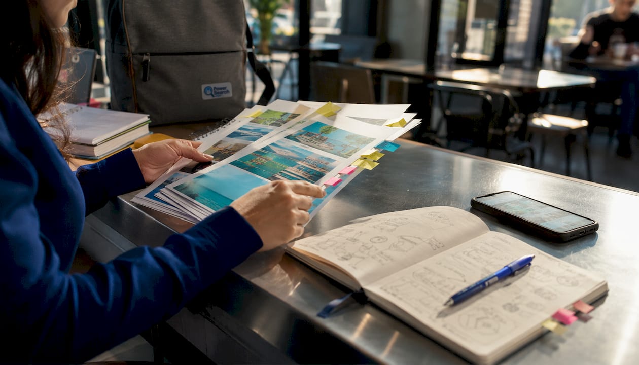 Hands arranging bundled NYC travel package papers