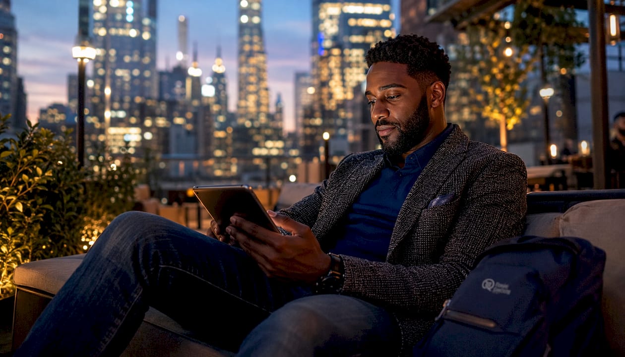 Man browsing Broadway show upsell packages on tablet