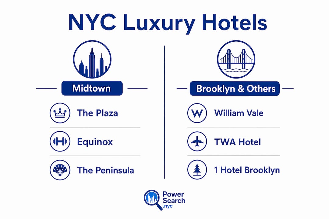 Infographic comparing luxury NYC hotels by neighborhood and features