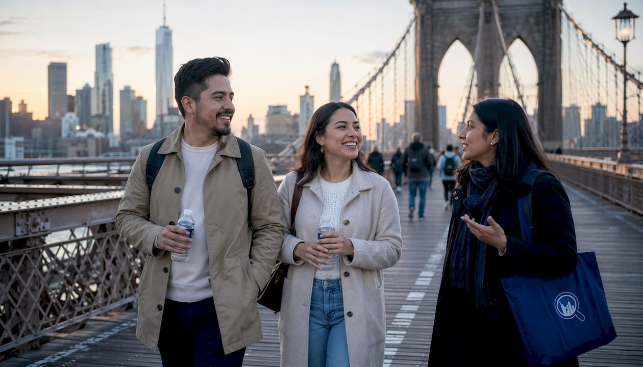 Tourists walking Brooklyn Bridge in afternoon