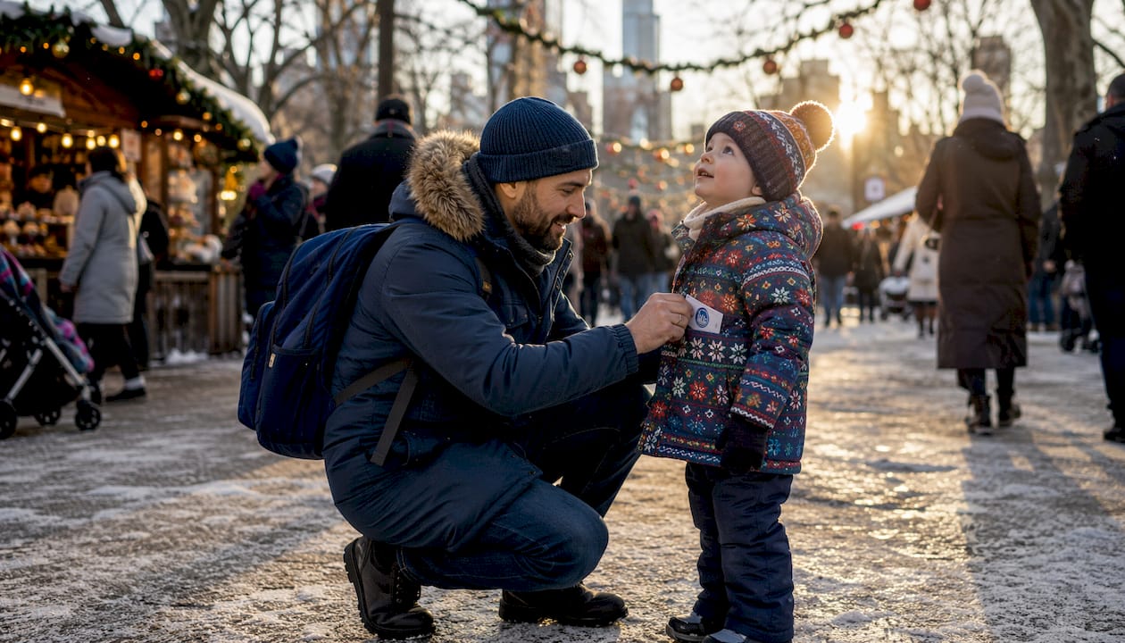 Parent securing child's safety contact card at holiday market