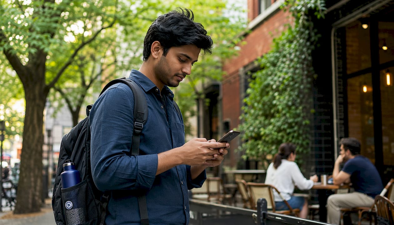 Traveler using NYC Map app on smartphone outdoors