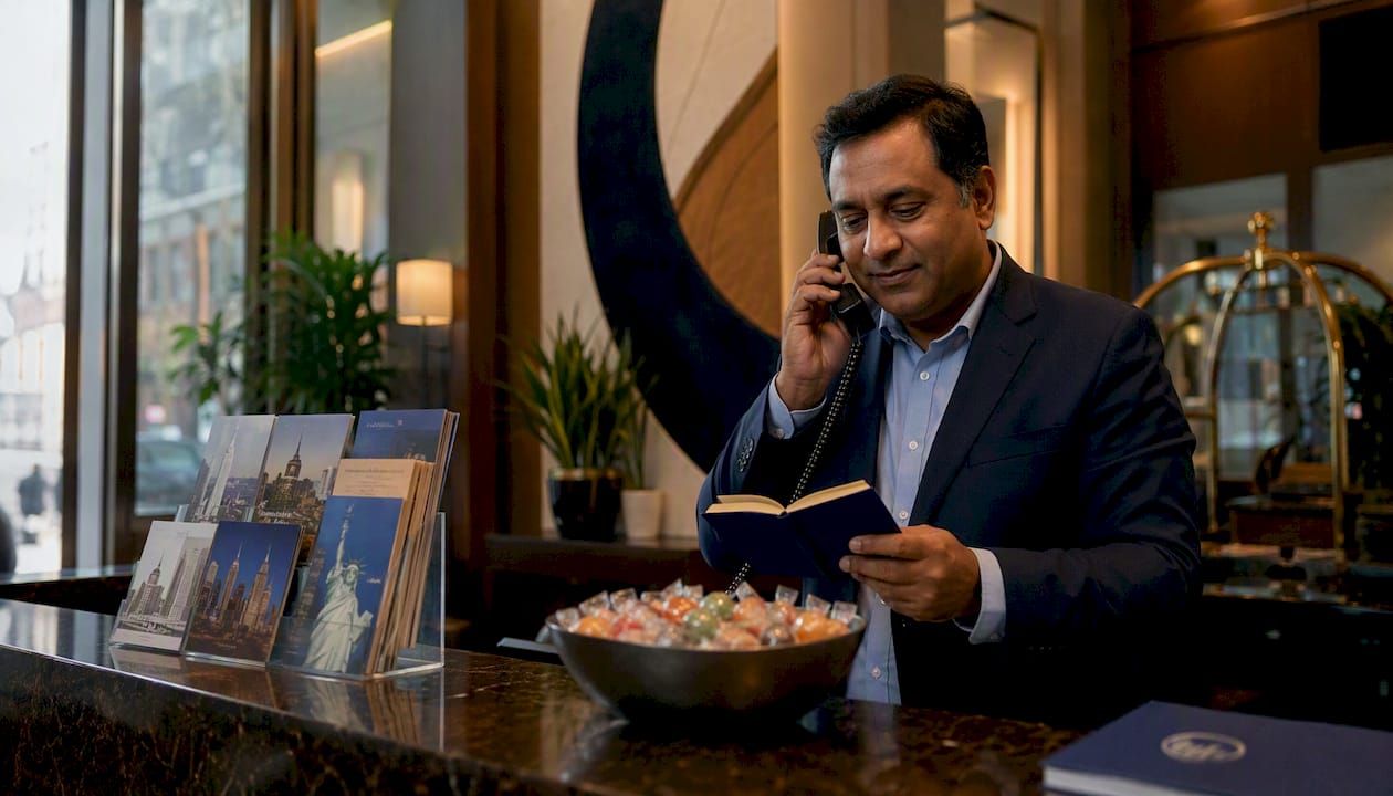 Hotel concierge checking discount codes on phone