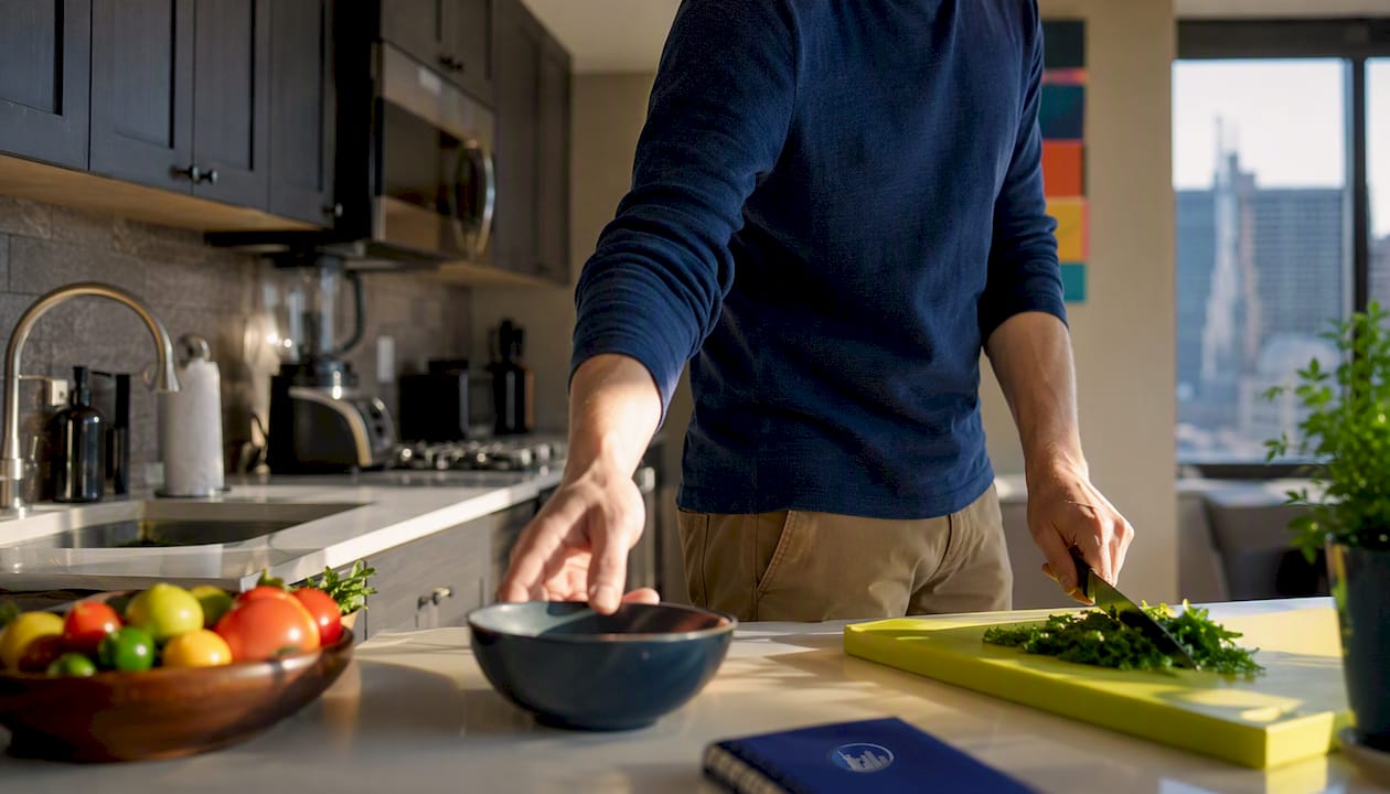 Hands preparing food in serviced apartment kitchen