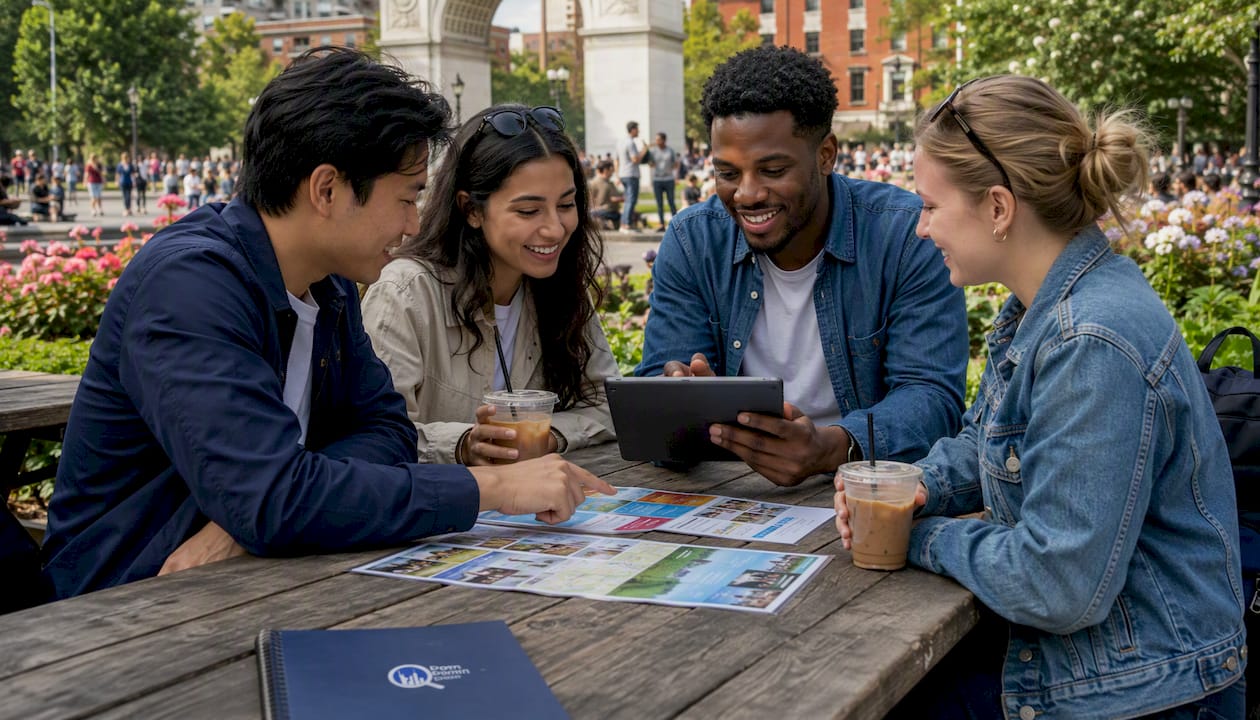 Group discussing hostel bookings in cafe