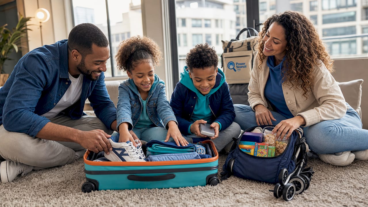 Hands packing carry-on suitcase with NYC essentials