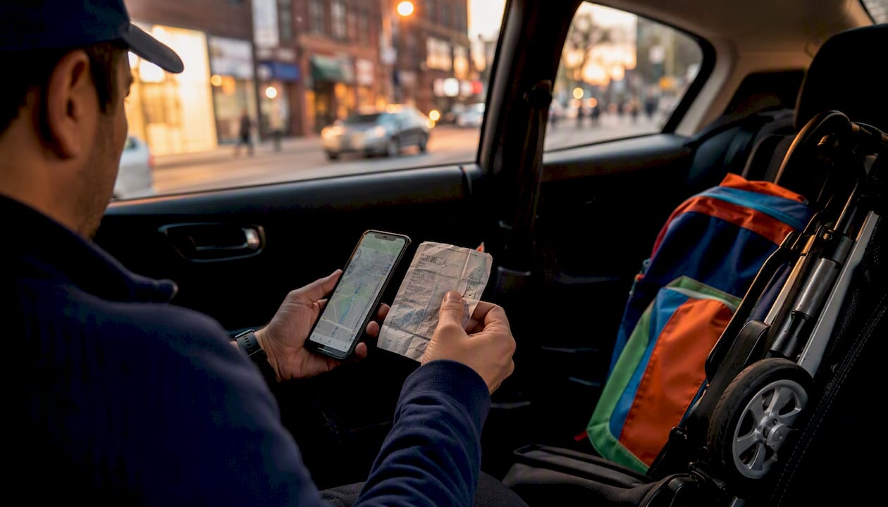 Parent holding coach ticket and transit app