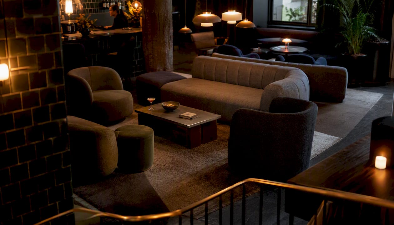 Mid-century modern hotel lounge in Tribeca