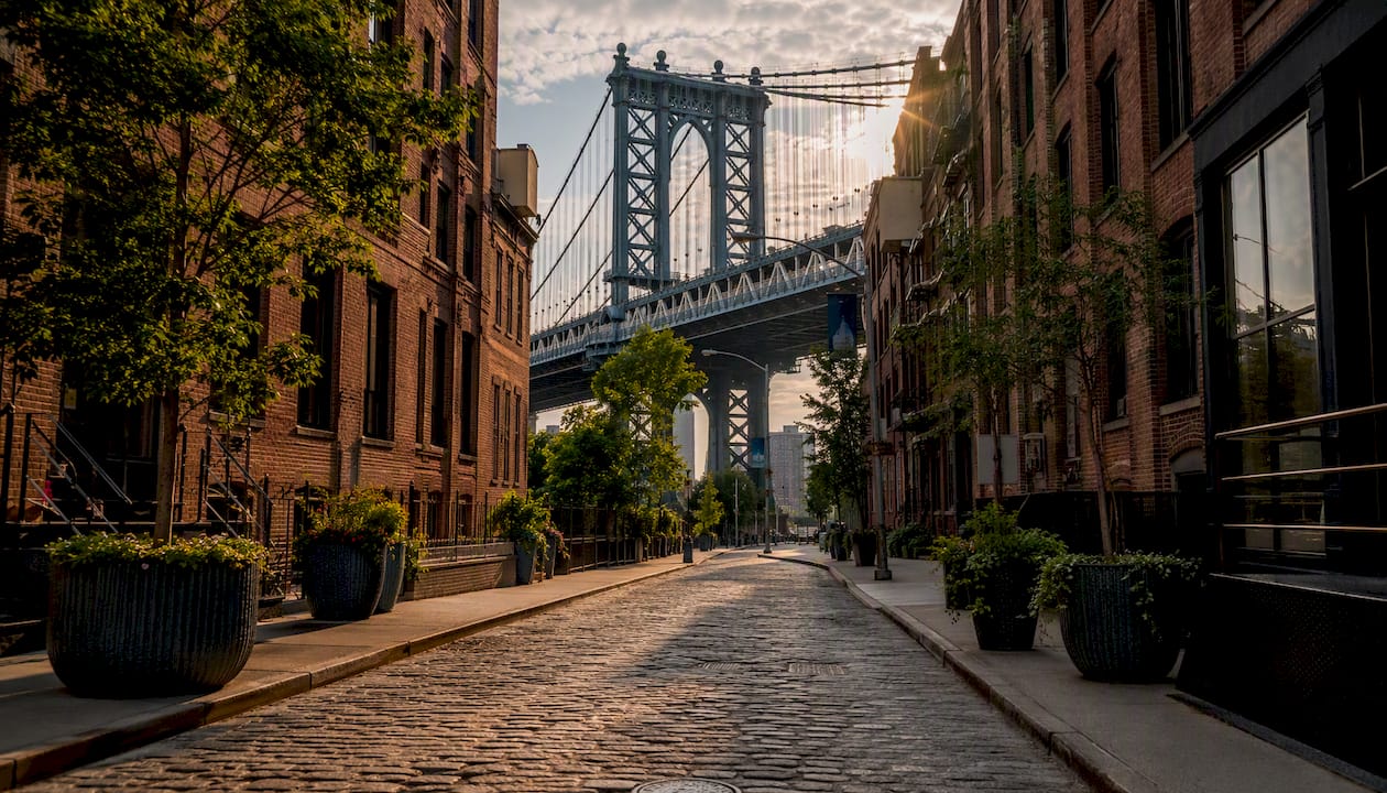 Cobblestone street under Manhattan Bridge in DUMBO
