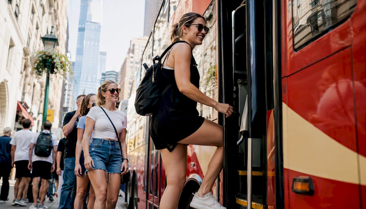 Passenger stepping onto hop-on hop-off bus