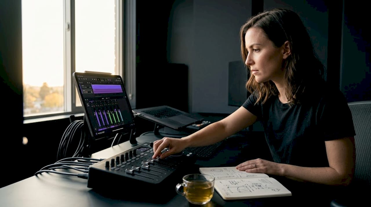 Engineer adjusts signal levels on audio interface