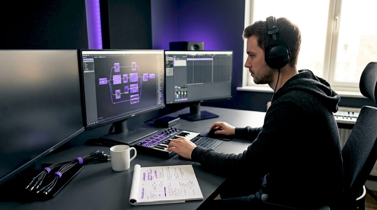 Producer tweaking VST3 plugin chain in home studio