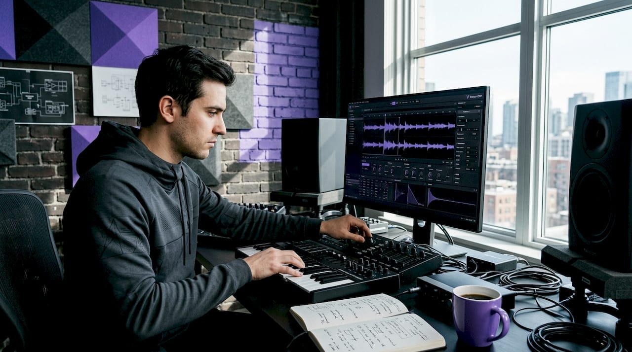 Audio designer working at studio desk