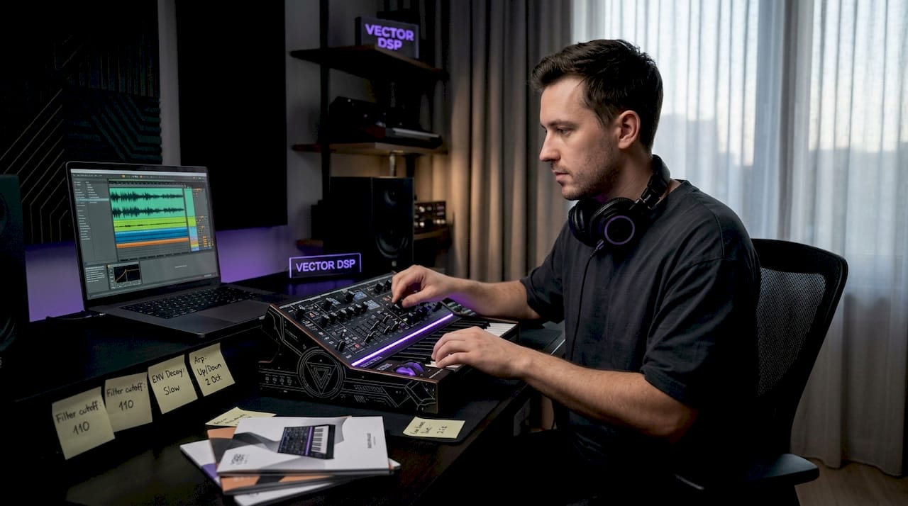 Music producer tweaking synth preset patch