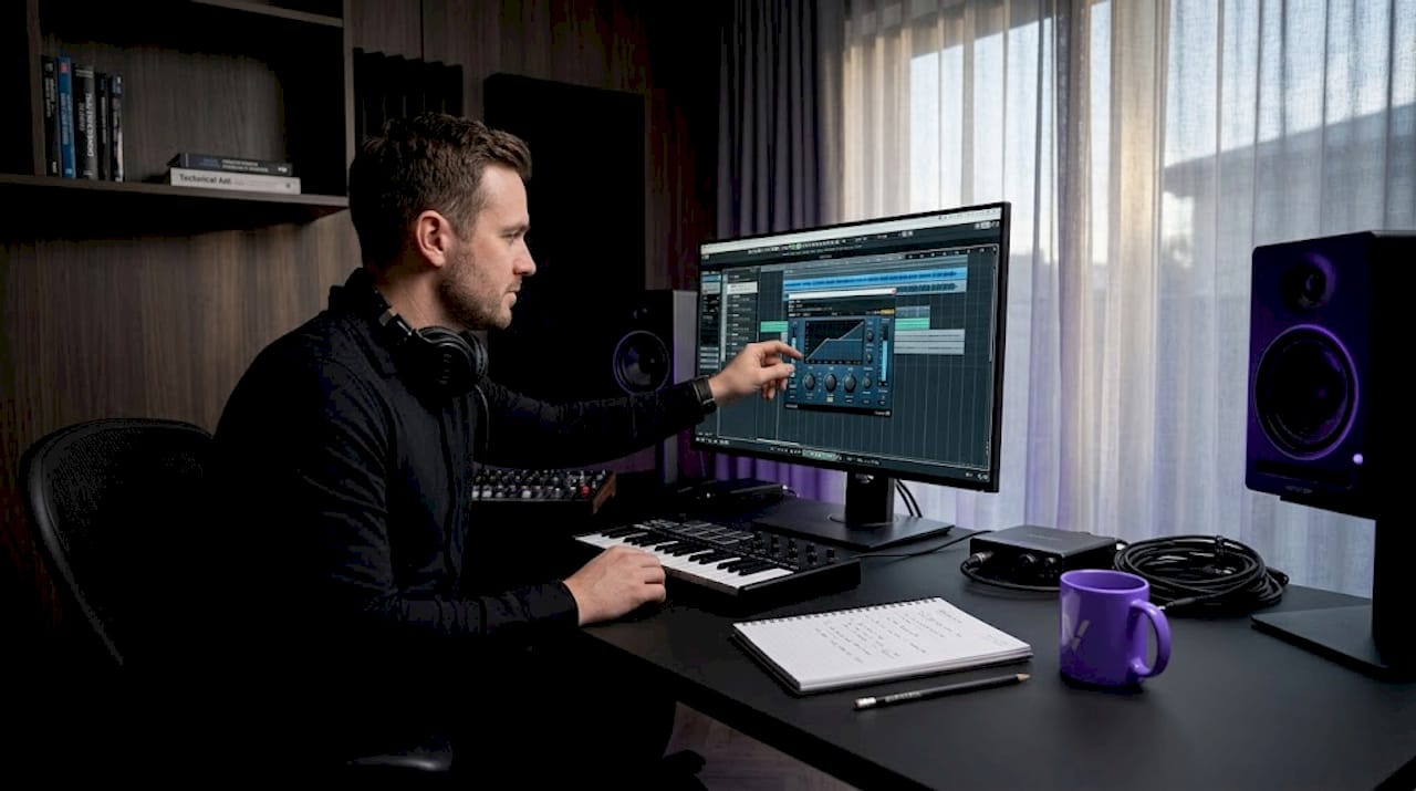 Producer adjusting compressor plugin in studio