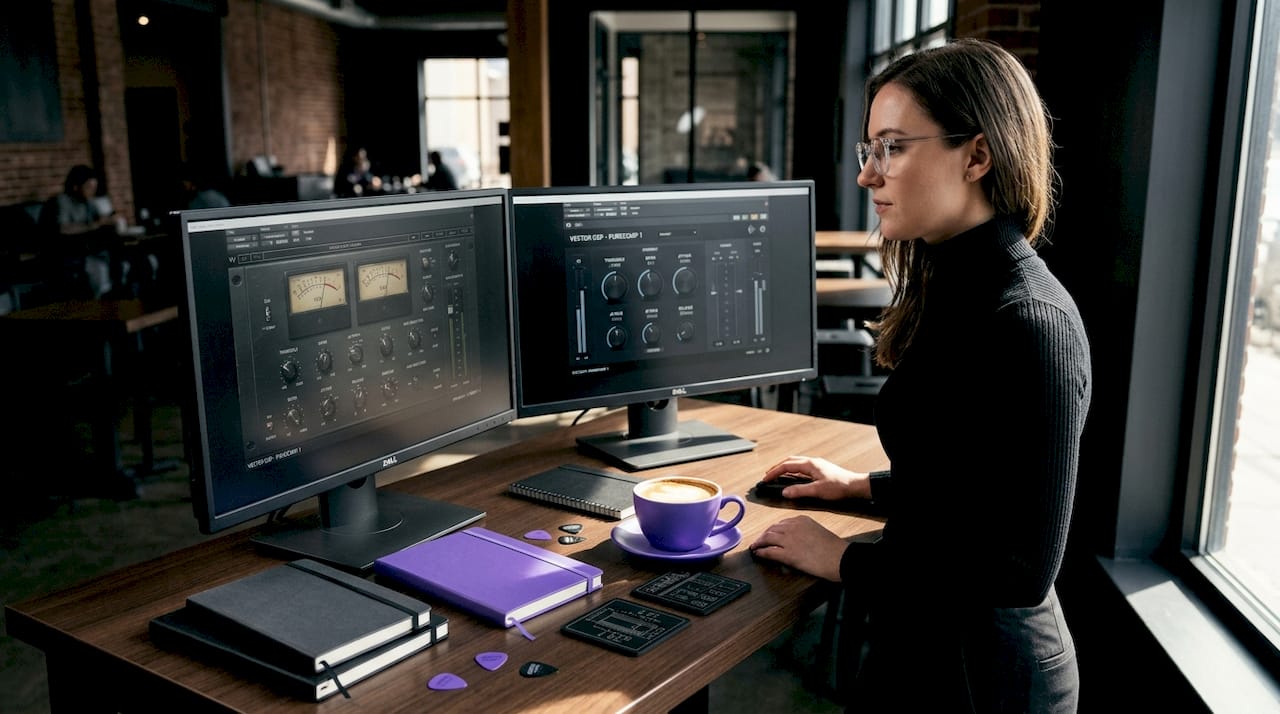 Engineer comparing two compressor plugins onscreen