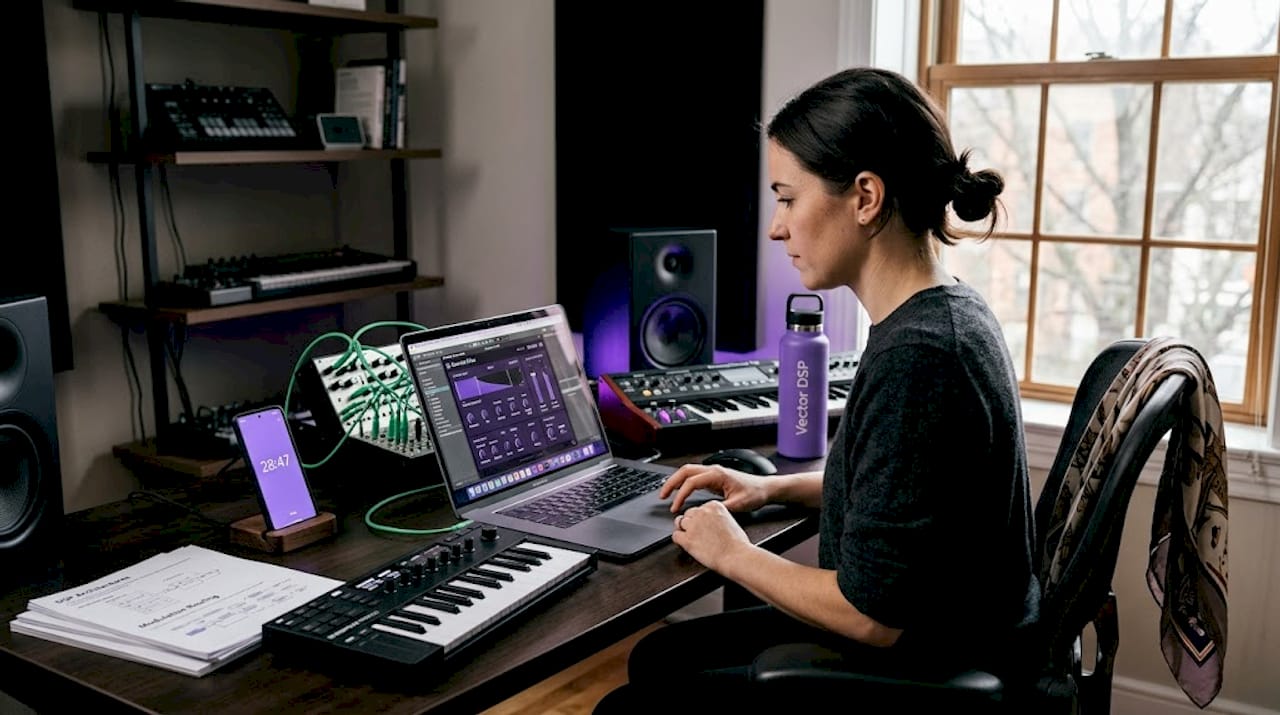 Engineer adjusting audio plugin in bedroom studio